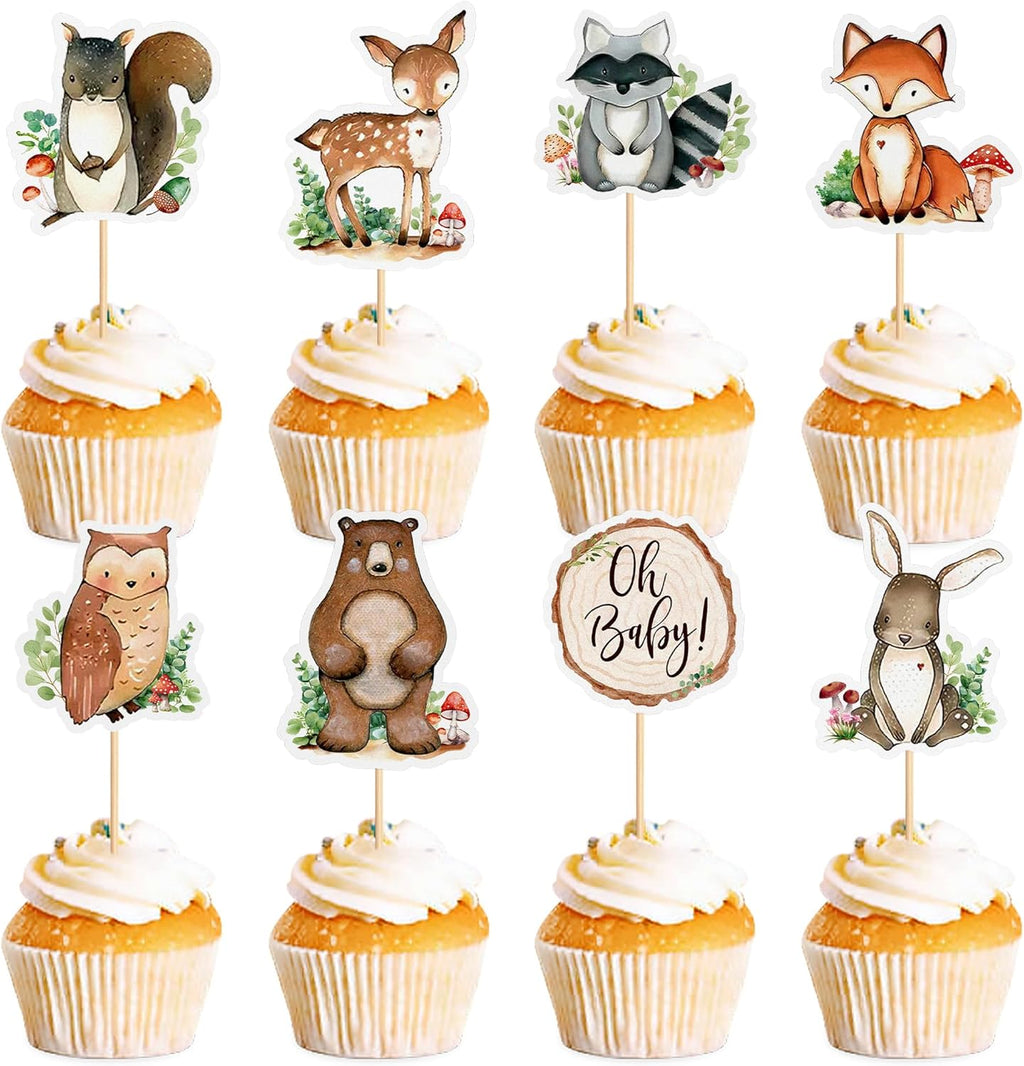 Ercadio 32 Pcs Woodland Party Cupcake toppers Picks Oh Baby Party Decorations Woodland Animals Cake Woodland Theme Baby Boy Girl Birthday Favors Woodland Party Supplies