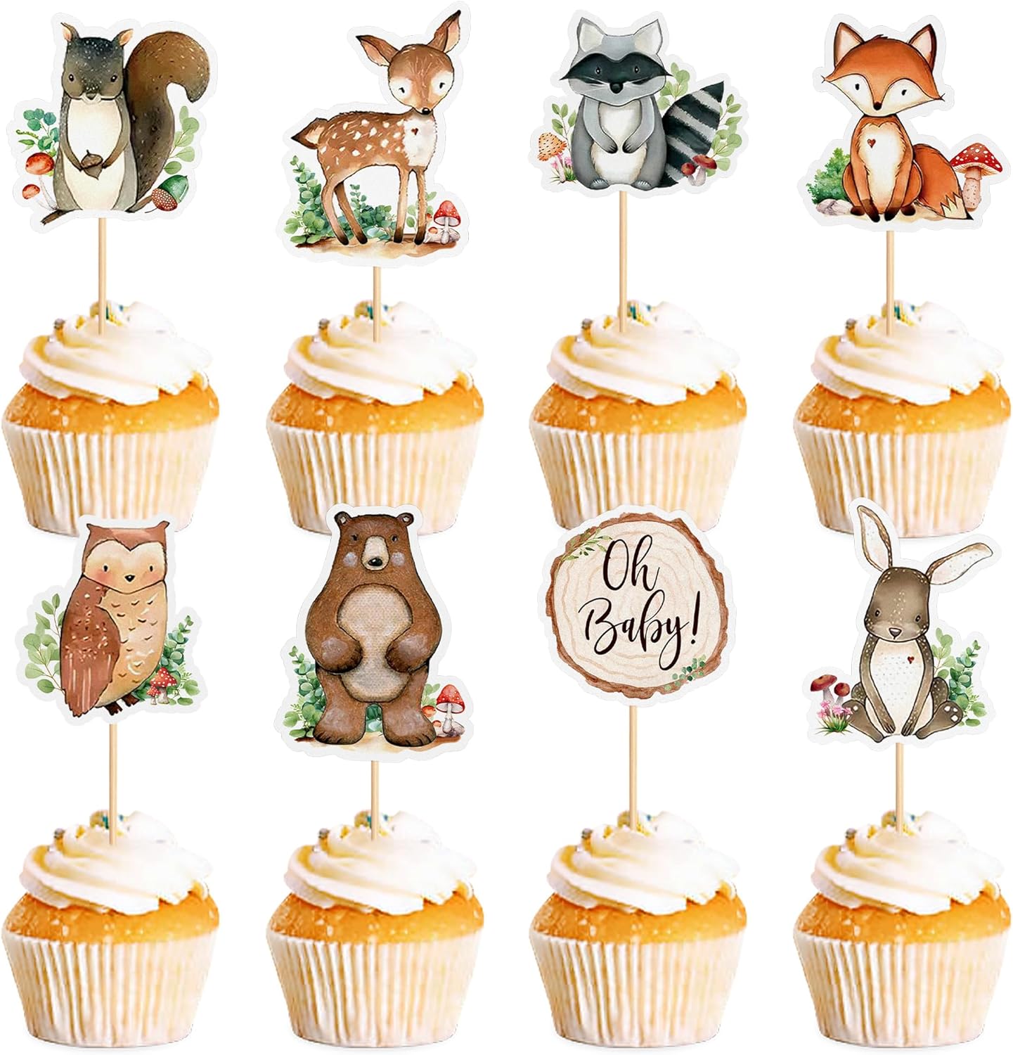 Ercadio 32 Pcs Woodland Party Cupcake toppers Picks Oh Baby Party Decorations Woodland Animals Cake Woodland Theme Baby Boy Girl Birthday Favors Woodland Party Supplies