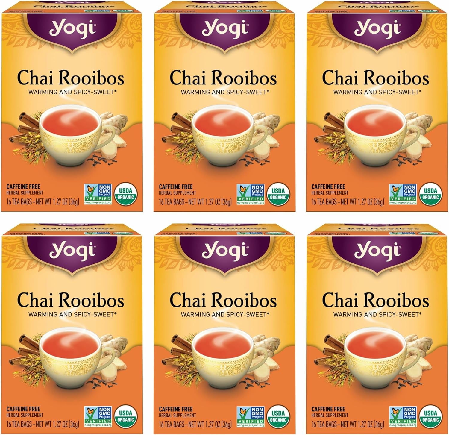 Yogi Tea Chai Rooibos Tea - 16 Tea Bags per Pack (6 Packs) - Spiced Organic Rooibos Tea - Provides Antioxidants - Caffeine-Free - Includes Cardamom, Cinnamon, Ginger & Clove
