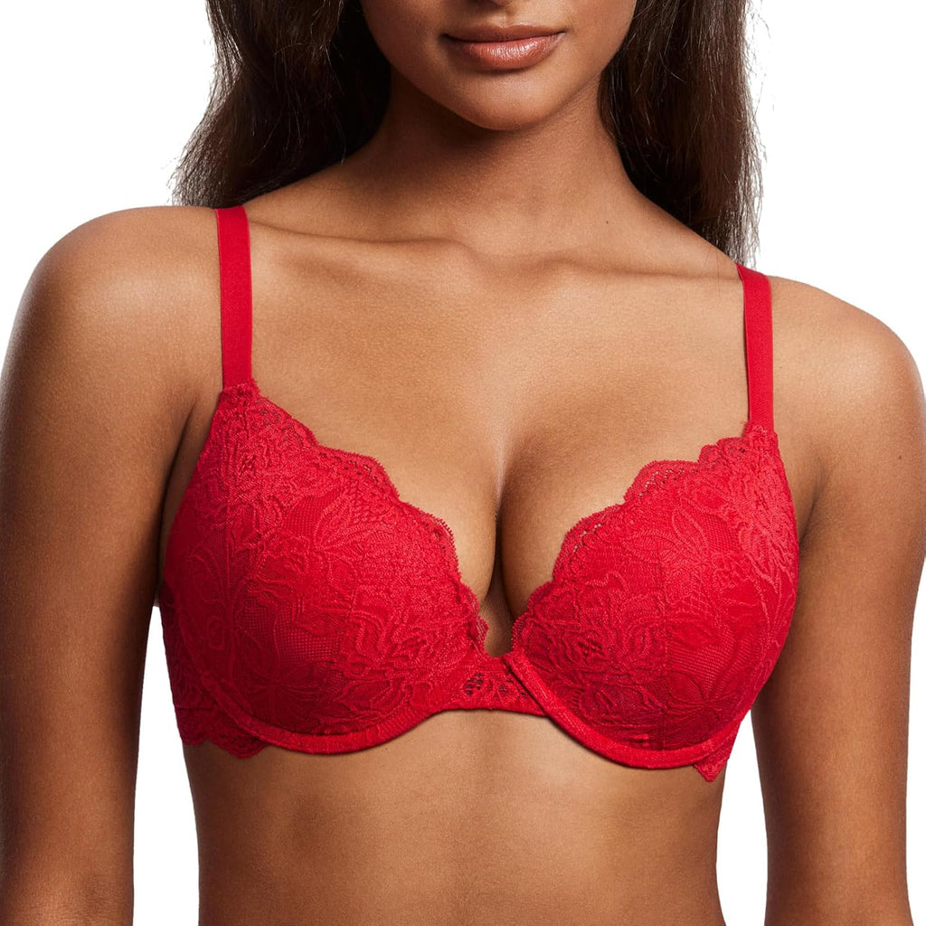 DOBREVA Women's Push Up Lace Bra Underwire Plunge Full Coverage Bras Sexy Plus Size Support
