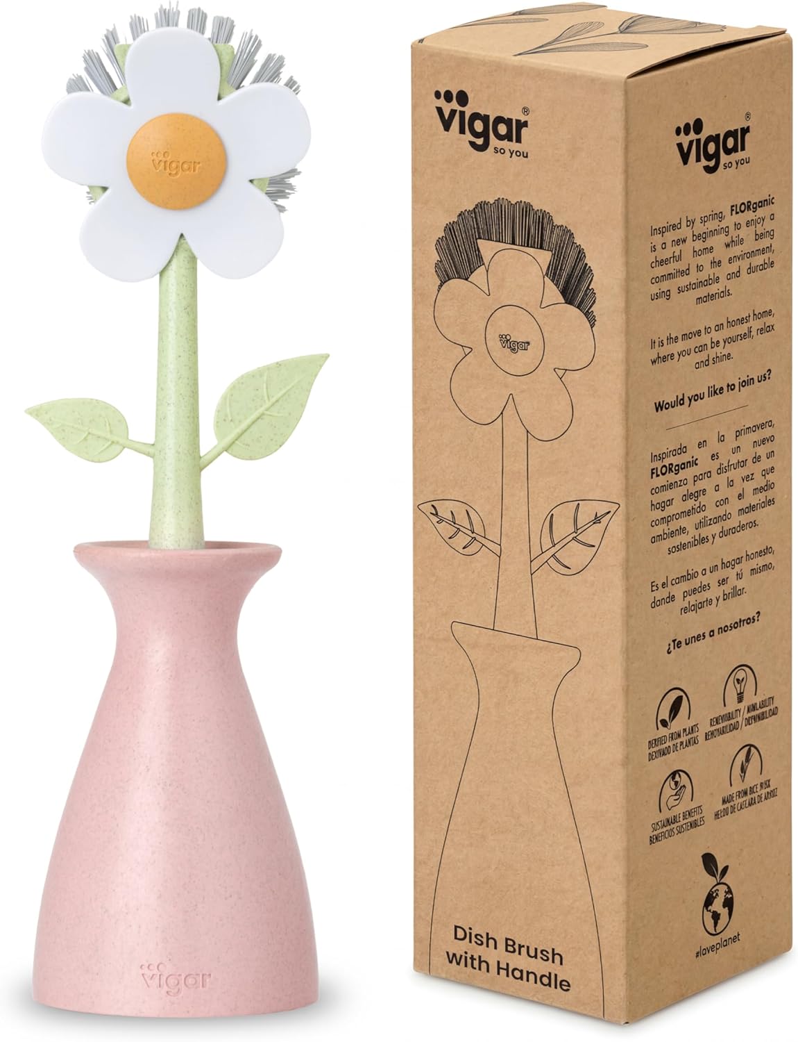 Vigar Florganic Daisy-Shaped Dish Brush with Vase Dish Brush Holder, Dish Brush with Handle, for Pot Scrubber, Kitchen Dishes, and Sink Cleaning, Pink