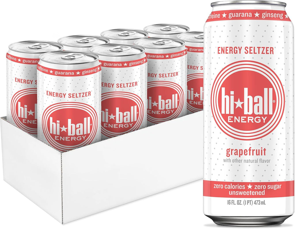 Hiball Clean Energy Drink - Grapefruit - Zero Sugar, Zero Calorie Sparkling Water with 160mg Organic Caffeine, 50mg Organic Ginseng, 50mg Organic Guarana and B Vitamins - 16 fl oz (8-Pack)