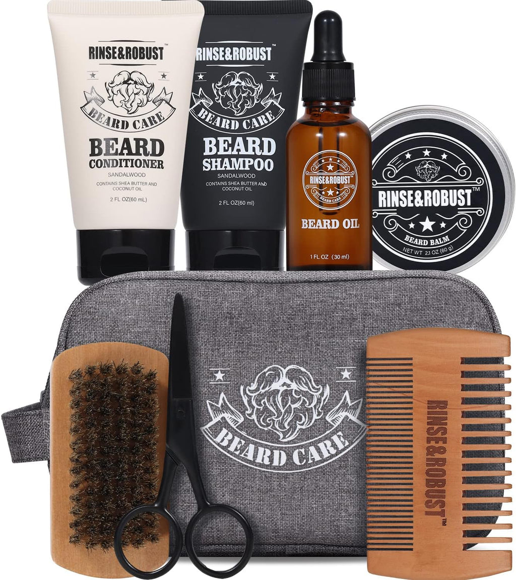 Rinse & Robust Beard Kit for Men, Christmas Gifts for Him, Beard Care & Grooming Travel Set, Beard Oil & Balm Gift Set with Toiletry Bag, Holiday Stocking Stuffers for Dad Husband Boyfriend