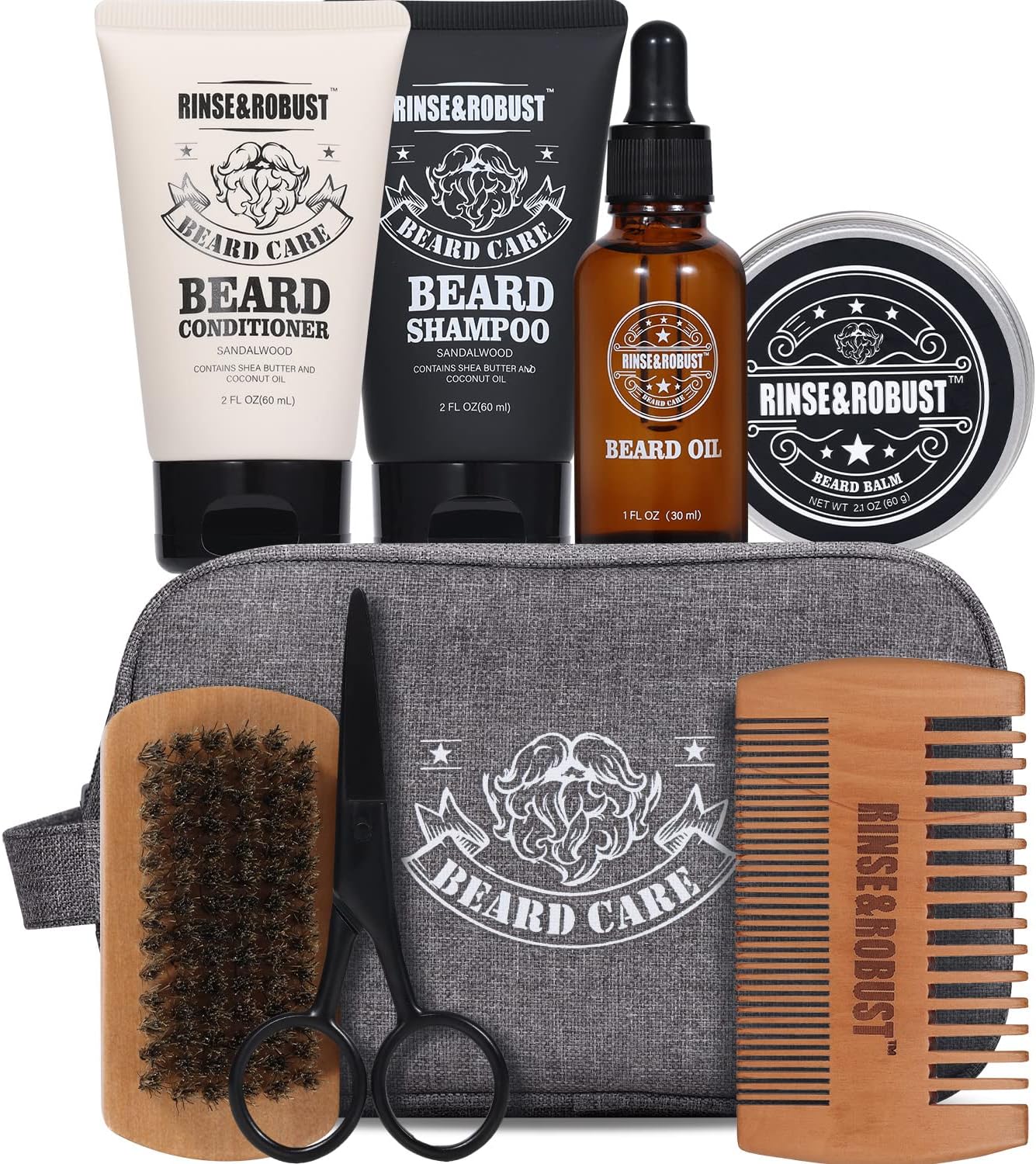 Rinse & Robust Beard Kit for Men, Christmas Gifts for Him, Beard Care & Grooming Travel Set, Beard Oil & Balm Gift Set with Toiletry Bag, Holiday Stocking Stuffers for Dad Husband Boyfriend