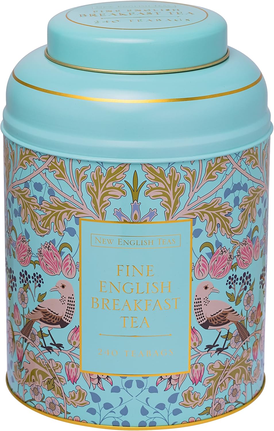 New English Teas Song Thrush & Berries Tea Tin in Mint Green with 240 English Breakfast Teabags