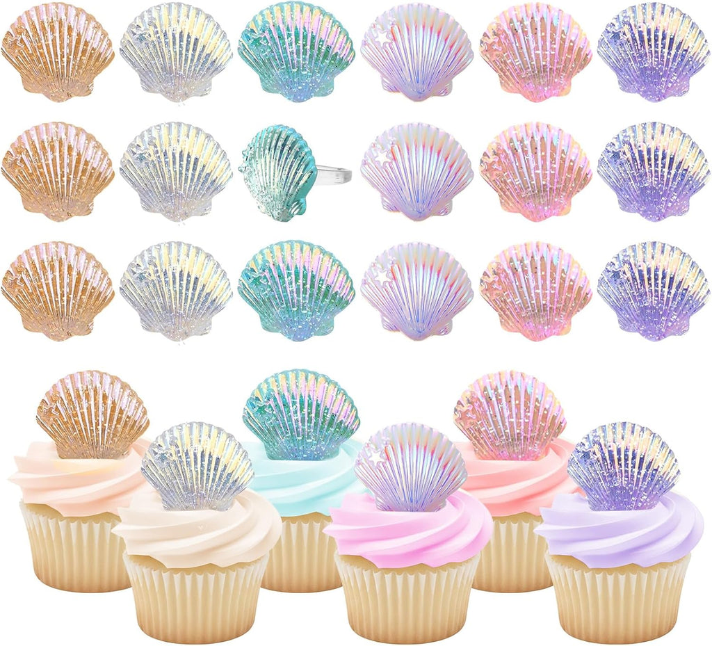 Kenning 48pcs Resin Seashell Cupcake Ring Toppers Under the Sea Cupcake Topper for seashell Theme Birthday Party Cake Decorations Baby Shower Weeding Anniversary Sea Party Supplies
