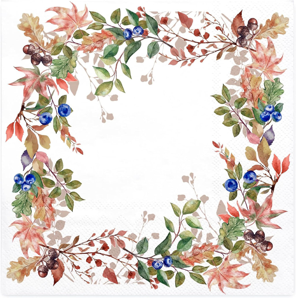 WRAPAHOLIC 50Pcs Fall Paper Napkins - 3-Ply Autumn Fruits Leaves Disposable Cocktail Napkins for Autumn, Thanksgiving Party Supplies Tableware - 5 x 5 In