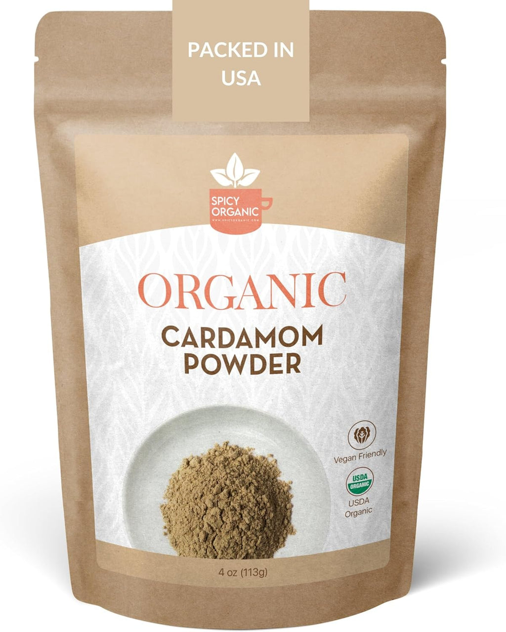 SPICY ORGANIC Ground Cardamom, 4 oz. – Fresh Cardamom Powder - Also Known as Elaichi, Cardamon - USDA Certified Organic, Gluten-Free, Non-GMO - Enhances Taste in Baking, Coffee, Tea, and Curries
