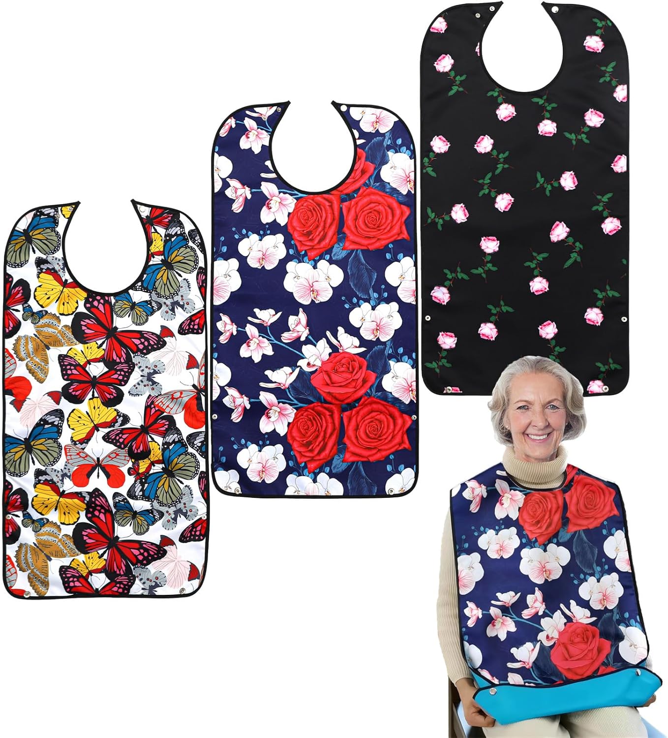 Pafusen 3 Pack Adult Bibs for Women, Reusable Adult Bibs for Eating with Optional Crumb Catcher, Waterproof Washable Dining Clothing Protector, Gifts for Women/Mom