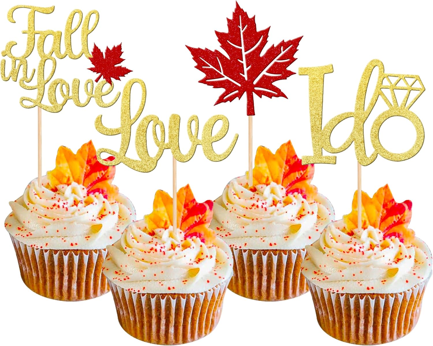 24 PCS Fall in Love Cupcake Toppers Glitter Maple Leaves Love I Do Cupcake Picks Fall Theme Wedding Cake Decorations for Bridal Shower Engagement Thanksgiving Birthday Party Supplies