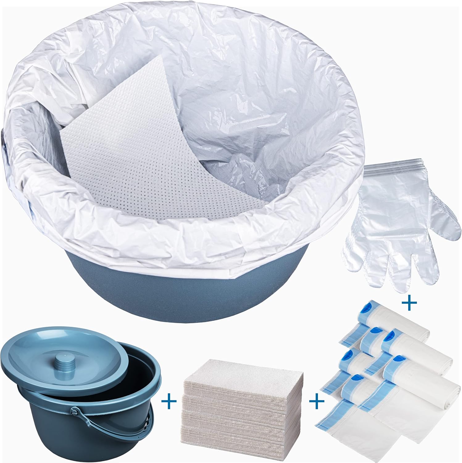 Commode Bucket with Liners and Absorbent Pads - Commode Bucket Replacement Universal Fit - 30 Disposable Bedside Commode Liners and 30 Pads for Adult Commode Chairs, Portable & Camping Toilet Bags