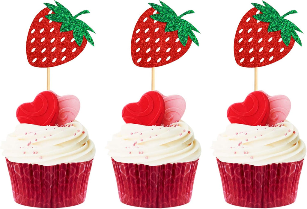 36Pcs Glitter Red Strawberry Cupcake Toppers Red Strawberries Cupcake Picks for Berry Strawberry Baby Shower Kids Boys Girls Birthday Sweet Fruit Party Bridal Shower Wedding Cake Decorations