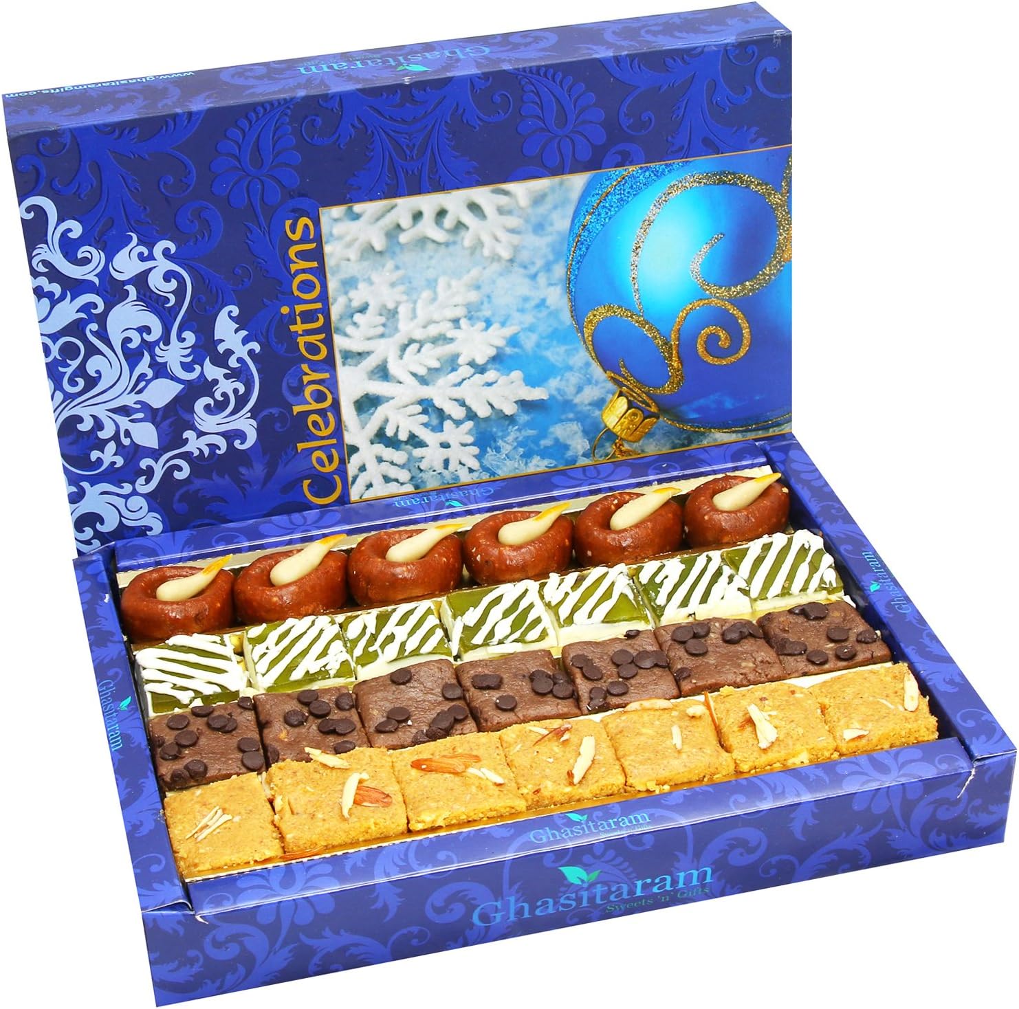 Ghasitaram Gifts Diwali Gifts Sweets- Assorted Box of Kaju Chocolate Barfi,Mango Bite, Mathura Diya and Besan Barfi 800 GMS