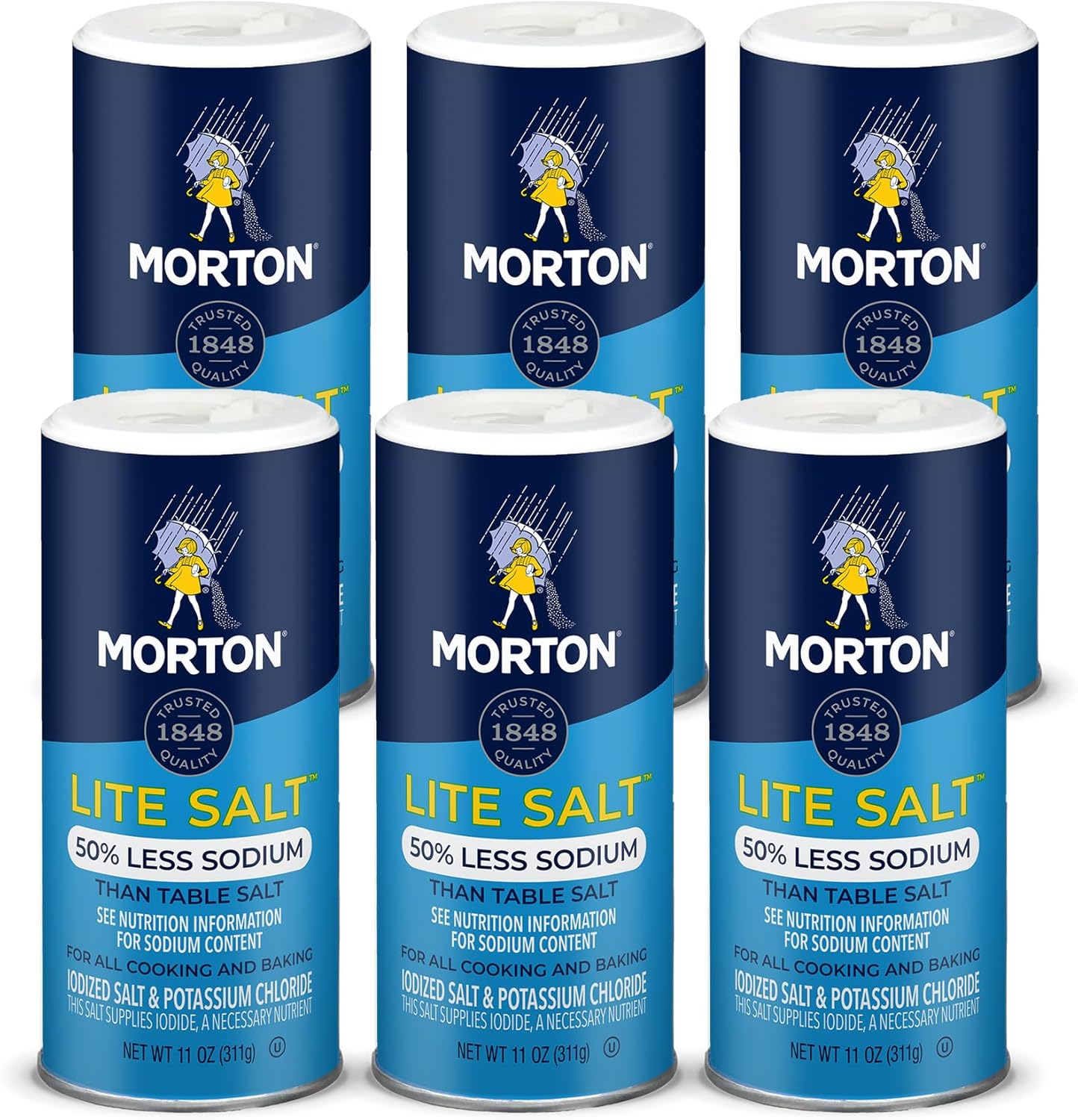 Morton Lite Salt, (11 oz), 6-Pack, Low Sodium Salt for Cooking, Seasoning & Baking