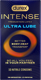 Durex Intense Ultra Lube Non Latex Condoms, Ultra Thin Condoms Lubricated with Silicone Lube, Latex Free, Premium Nitrile, 10 Count