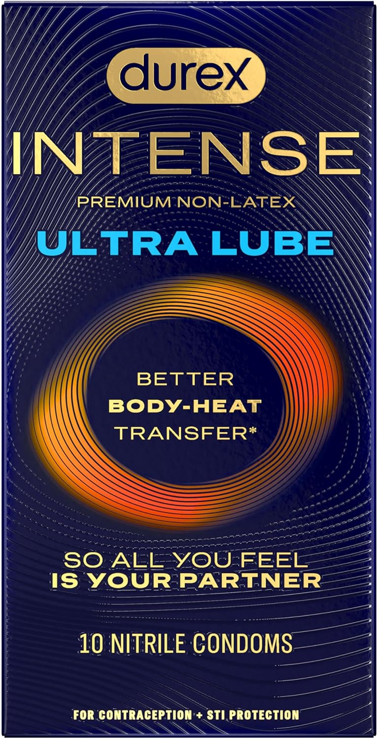 Durex Intense Ultra Lube Non Latex Condoms, Ultra Thin Condoms Lubricated with Silicone Lube, Latex Free, Premium Nitrile, 10 Count
