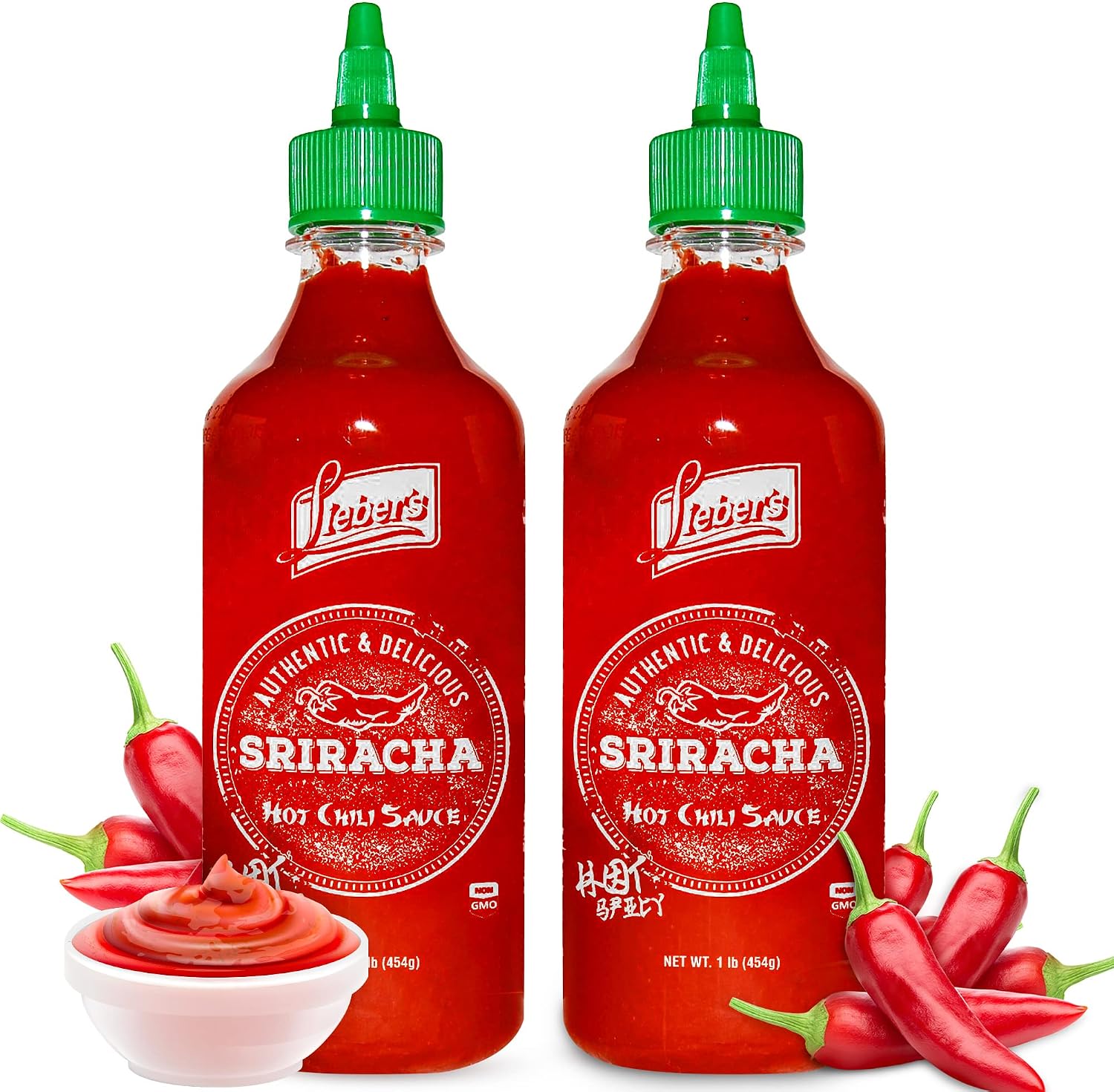 Lieber's Sriracha Hot Chili Sauce, Authentic And Delicious, Non-GMO, No MSG, Gluten-free, Cholesterol-free, and Vegan, NET WT. 1 lb (Pack of 2) (454g)