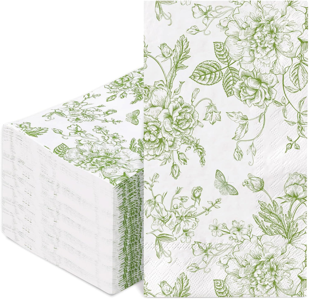 100 Pcs Floral Guest Napkins Disposable Green Wildflower Paper Napkins Green Flower Dinner Hand Towels for Bathroom Party Supplies Table Decorations