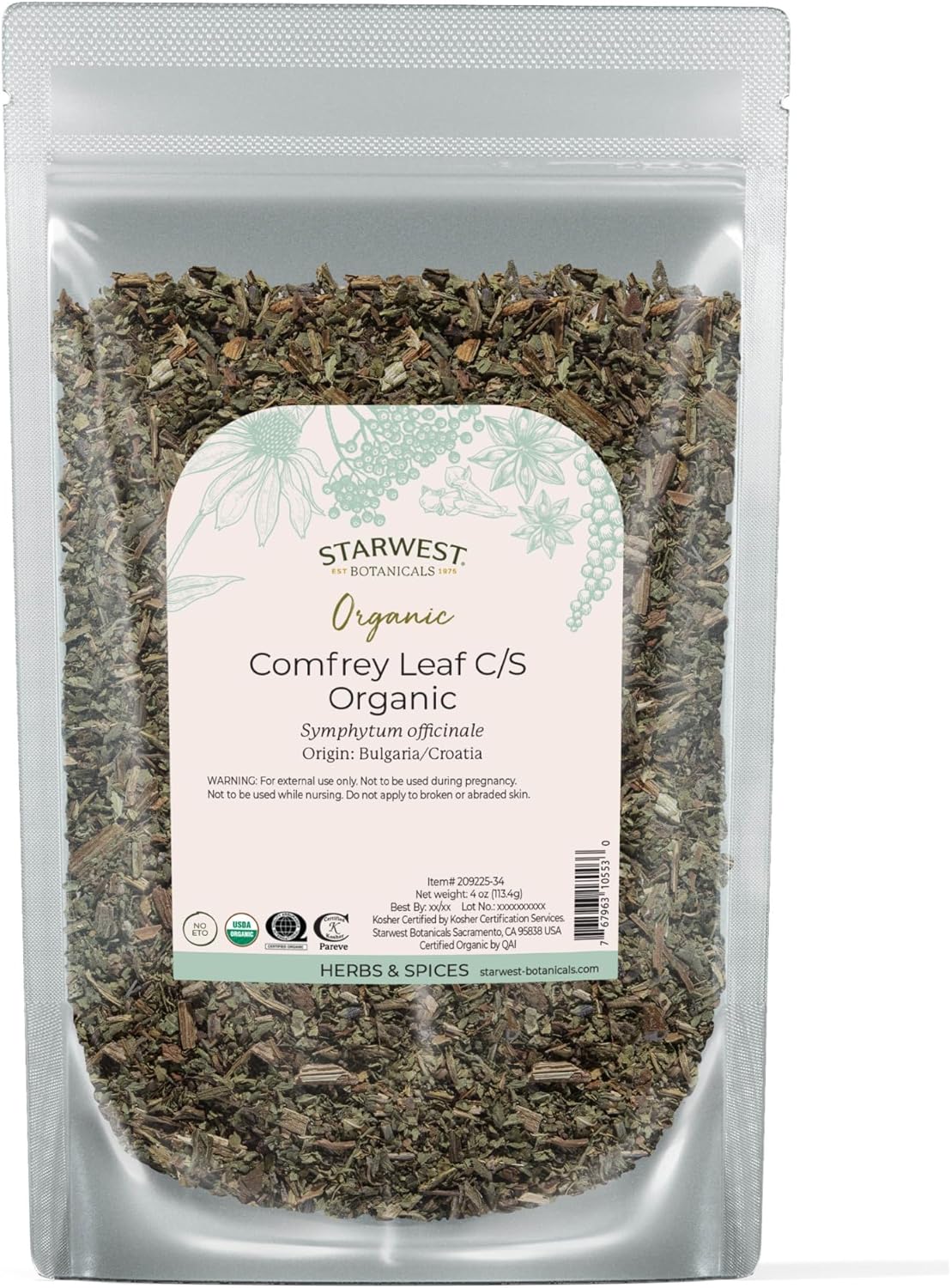 Starwest Botanicals Organic Dried Comfrey Leaf - Natural Herb for Topical Application, Salve or Oil, Cut & Sifted, Certified Kosher, Non-GMO - 4 oz Pouch