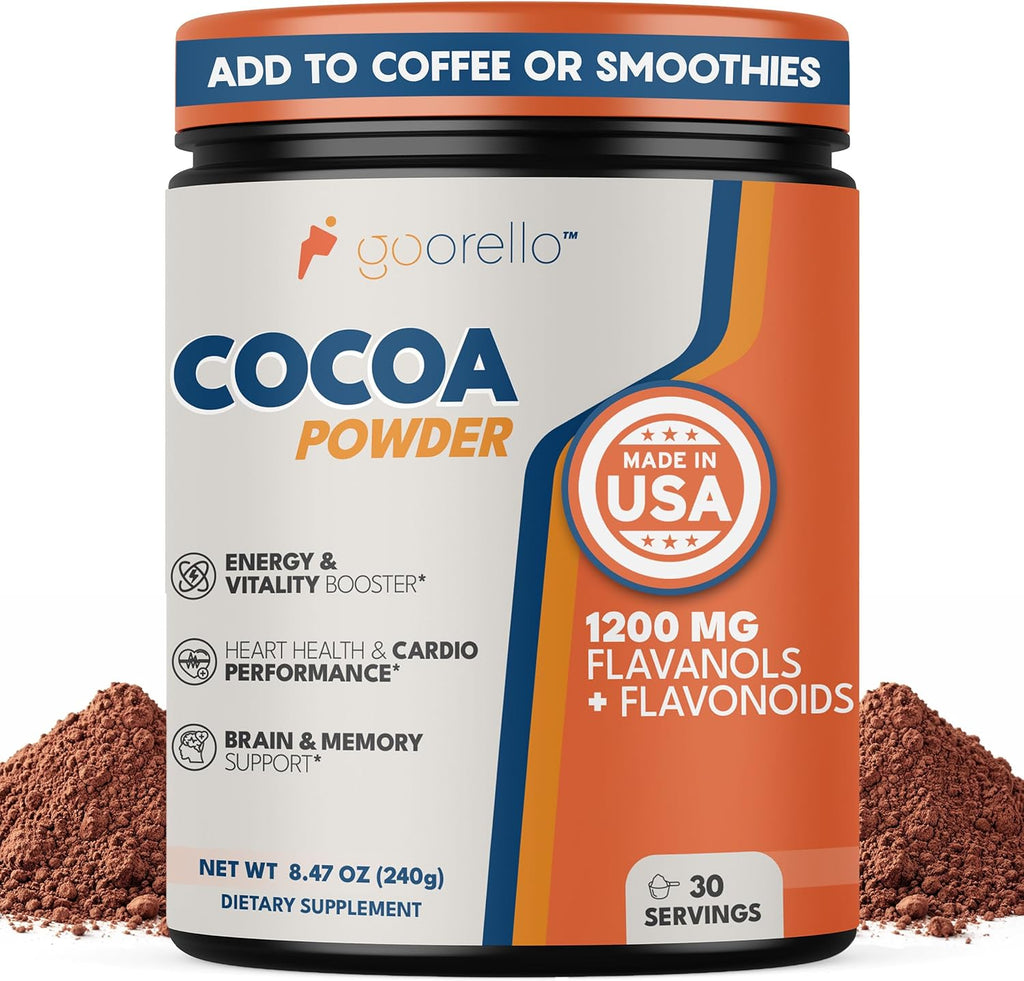 High Flavanol Cocoa Powder Supplement, 1200mg Cocoa Flavanols & Flavonoids, 30 Servings for Support Heart Health, Blood Flow & Nitric Oxide, Dark Cocoa Flavor
