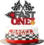 1 Pack Fast One Birthday Cake Topper Glitter Flag Racing Car Cake Pick for Let's Go Racing Theme Boys Girls Kids 1st Birthday Party Cake Decorations Supplies