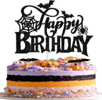 1 PCS Halloween Happy Birthday Cake Topper Black Glitter Spider Web Bat Cake Pick Halloween Party Decorations for Baby Shower Kids Birthday Party Cake Decorations Supplies