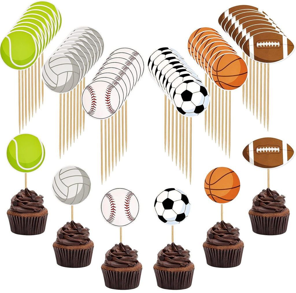 48 Pcs Sports Cupcake Toppers Cake Decorations, Sports Party Cupcake Picks, Baseball Basketball Soccer Football Tennis Volleyball Cake Toppers for Boy Kid Teen Adult Birthday Party Supplies, 6 Styles