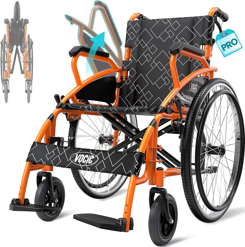 VOCIC Wheelchair for Adults Lightweight Portable Folding Wheelchair for Seniors with Flip-Back Arm Self-Propelled Wheelchair for Seniors with Double-Brake Designwith 23.6-Inch Large Rear Orange