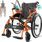 VOCIC Wheelchair for Adults Lightweight Portable Folding Wheelchair for Seniors with Flip-Back Arm Self-Propelled Wheelchair for Seniors with Double-Brake Designwith 23.6-Inch Large Rear Orange