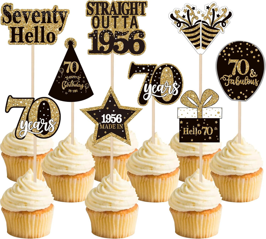 36PCS Happy 70th Birthday Cupcake Toppers Double Sided Black Gold Seventy Hello 70 Straight Outta 1955 Cupcake Picks 70 Fabulous Cheers to 70 Years Cake Decorations for 70th Birthday Party Supplies