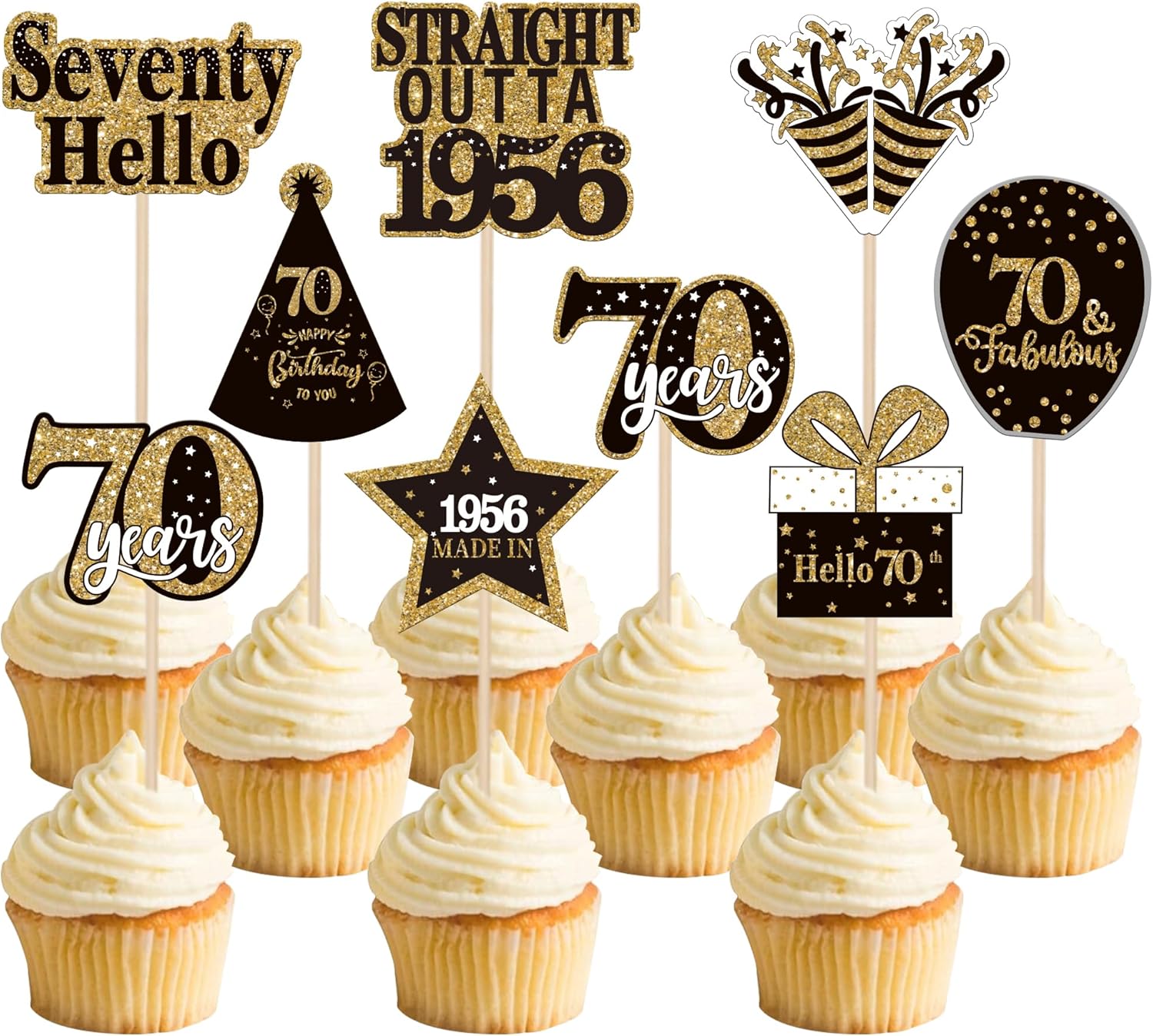 36PCS Happy 70th Birthday Cupcake Toppers Double Sided Black Gold Seventy Hello 70 Straight Outta 1955 Cupcake Picks 70 Fabulous Cheers to 70 Years Cake Decorations for 70th Birthday Party Supplies