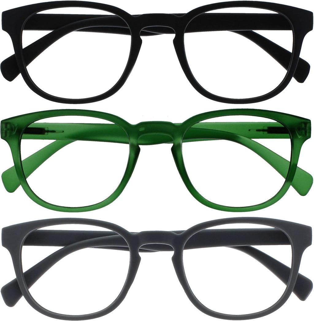 OPULIZE POP Reading Glasses for Women Men,Scratch Resistant Round Matt Frame with Spring Hinges, Black, Green, Grey +1.50 (Pack of 3)