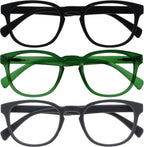 OPULIZE POP Reading Glasses for Women Men,Scratch Resistant Round Matt Frame with Spring Hinges, Black, Green, Grey +2.00 (Pack of 3)