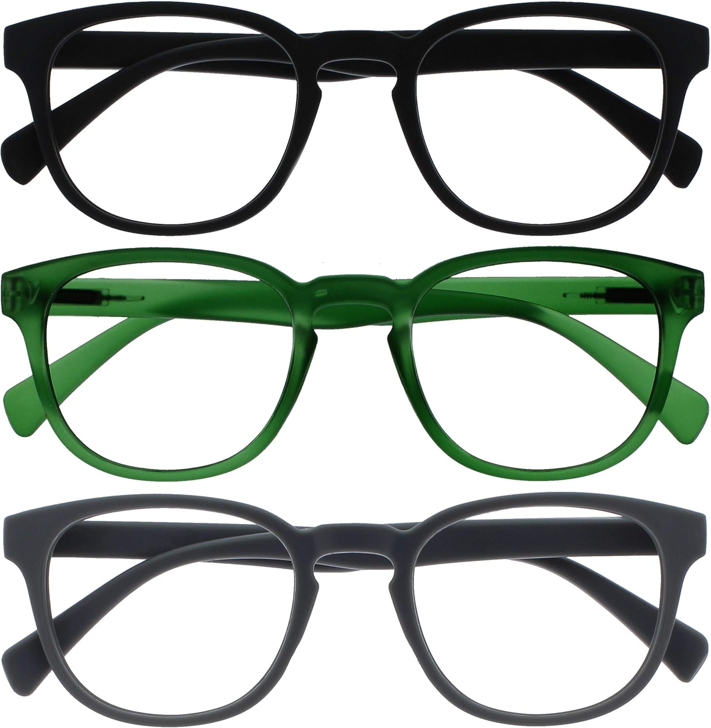 OPULIZE POP Reading Glasses for Women Men,Scratch Resistant Round Matt Frame with Spring Hinges, Black, Green, Grey +2.00 (Pack of 3)