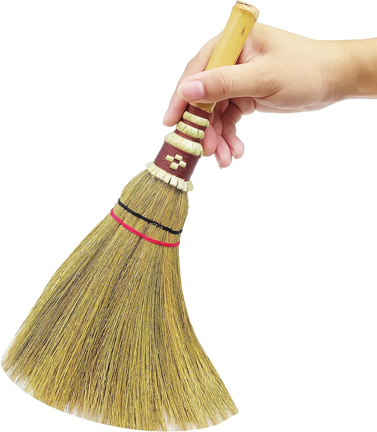 Handmade,Natural Grass Asian, Whisk Broom Thai, Handle Bamboo, Soft Brush Mini with Solid Wood Handle Retro Nature No Static Electricity Sweeping 13in