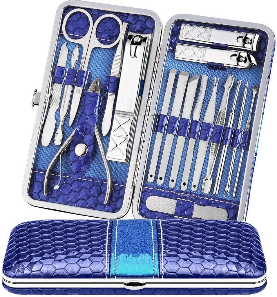 Teamkio 18pcs Manicure Set Pedicure Nail Clippers Set Travel Hygiene Kit Stainless Steel Professional Cutter Care Set Scissor Tweezers Knife Ear Pick Tools Grooming Kits with Leather Case