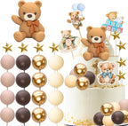Gyufise 38Pcs Bear Cake Toppers Bear Balls Cake Decorations with Stars Cake Toppers Gold Brown Khaki Balls Decorations for Boy Girl Baby Shower Birthday Party Decorations Brown