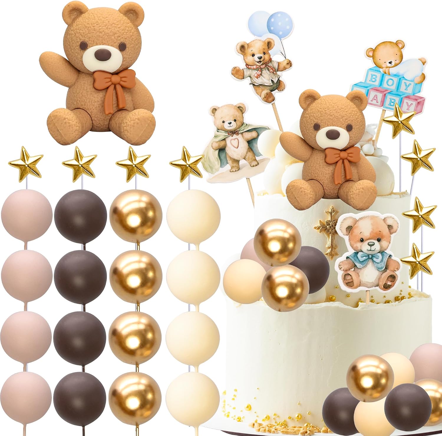 Gyufise 38Pcs Bear Cake Toppers Bear Balls Cake Decorations with Stars Cake Toppers Gold Brown Khaki Balls Decorations for Boy Girl Baby Shower Birthday Party Decorations Brown