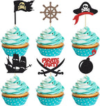 24Pcs Pirate Cupcake Toppers Black Glitter Nautical Sailing Skull Cap Cupcake Picks for Pirate Theme Baby Shower Kids Birthday Party Cake Decorations Supplies