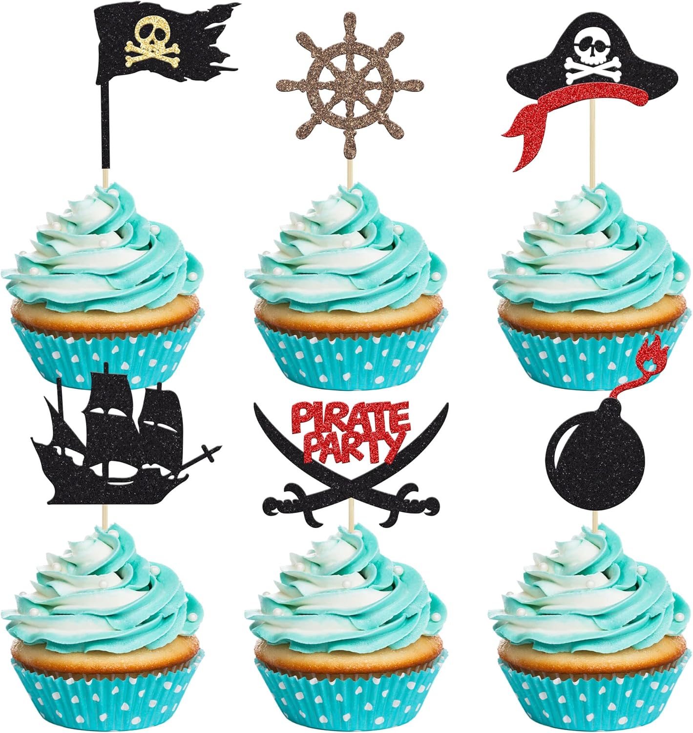 24Pcs Pirate Cupcake Toppers Black Glitter Nautical Sailing Skull Cap Cupcake Picks for Pirate Theme Baby Shower Kids Birthday Party Cake Decorations Supplies