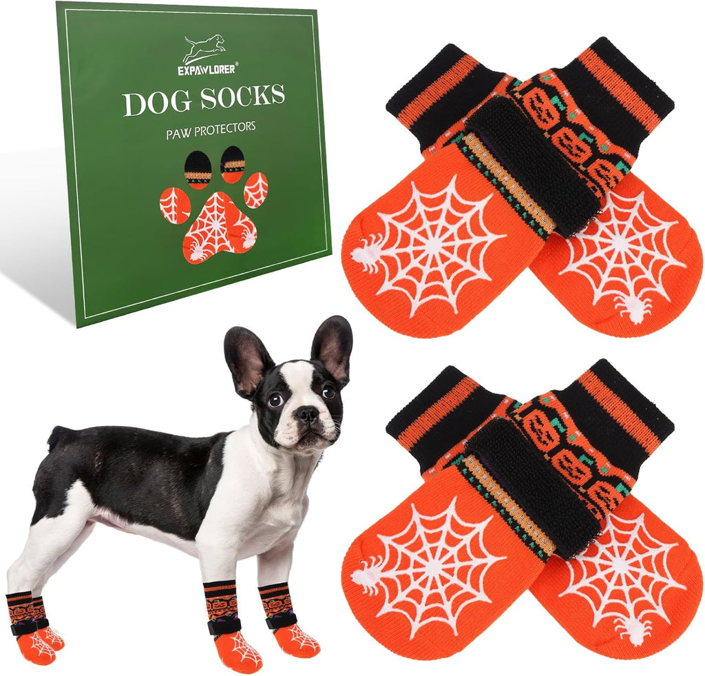 EXPAWLORER Halloween Anti Slip Dog Socks to Prevent Licking Paws, Boots & Paw Protectors with Spider Web Grippers,Doggie Booties for Hardwood Floors for Small Medium Large Senior Dogs Orange Pumpkin M