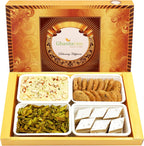 Ghasitaram Gifts Indian Sweets - Diwali Gifts Diwali Sweet - Big Box of Kaju Katli, Soan Papdi, Methi Mathi and Potato Palak Chips