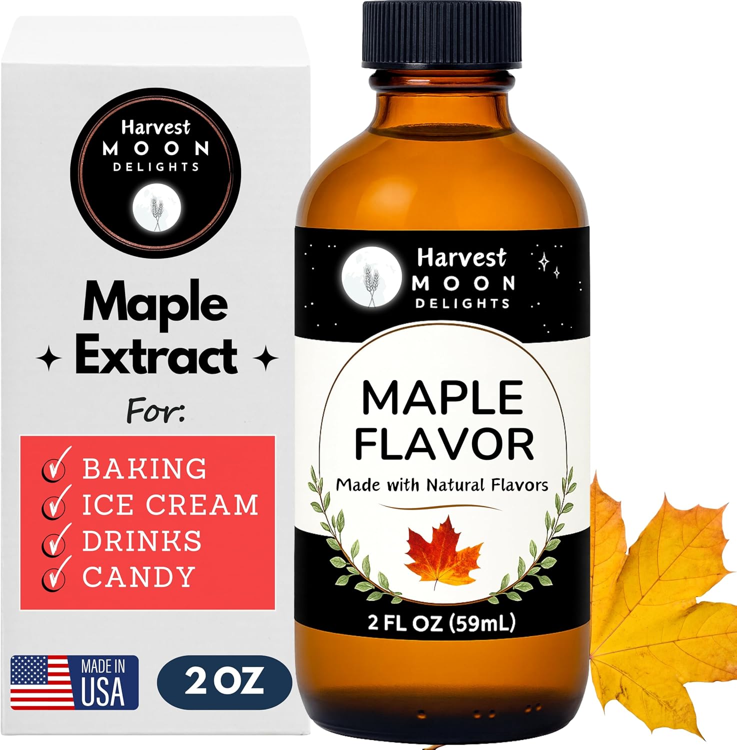 Maple Extract for Baking, Ice Cream, Drinks, and Candy - 2 Oz - Water-Soluble - By Harvest Moon Delights - Maple Flavoring, Maple Flavor