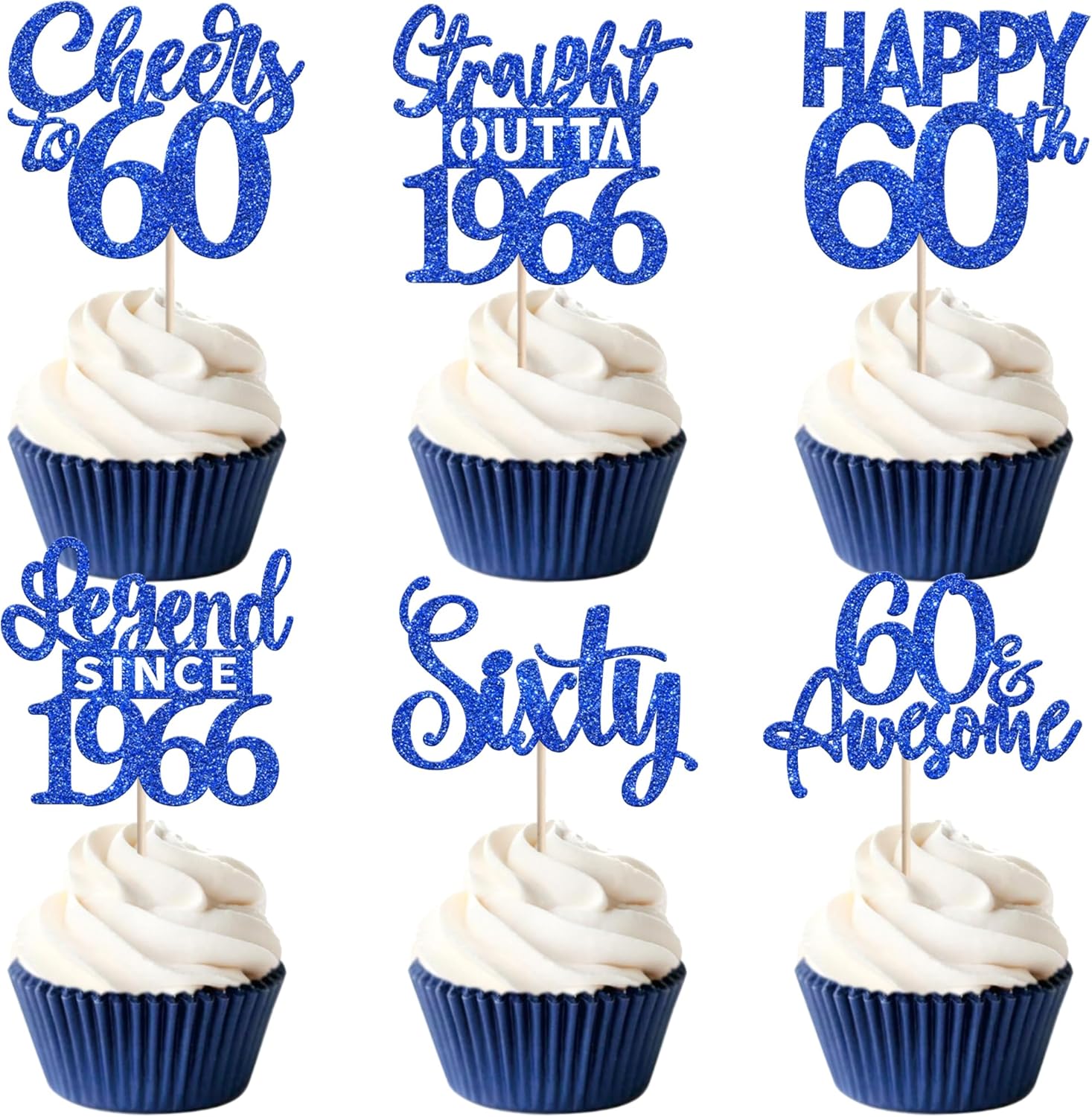 24PCS Blue Happy 60th Birthday Cupcake Toppers Sixty Straight Outta 1966 Cupcake Picks Cheers to 60 Lengend Since 1966 Cake Decorations for 60th Birthday Anniversary Party Decorations Supplies