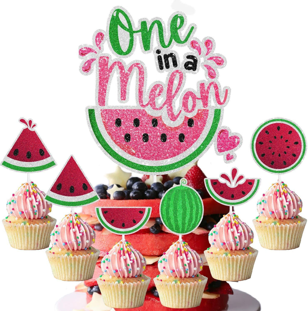 Fruity Watermelon Cake Toppers Set of 7 "One in a Melon" Happy Birthday Melon Decoration, Watermelon Themed Birthday Party for Boys or Girls, Baby Shower Party, or Fruit Party Decorations. SugarGera
