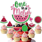 Fruity Watermelon Cake Toppers Set of 7 "One in a Melon" Happy Birthday Melon Decoration, Watermelon Themed Birthday Party for Boys or Girls, Baby Shower Party, or Fruit Party Decorations. SugarGera