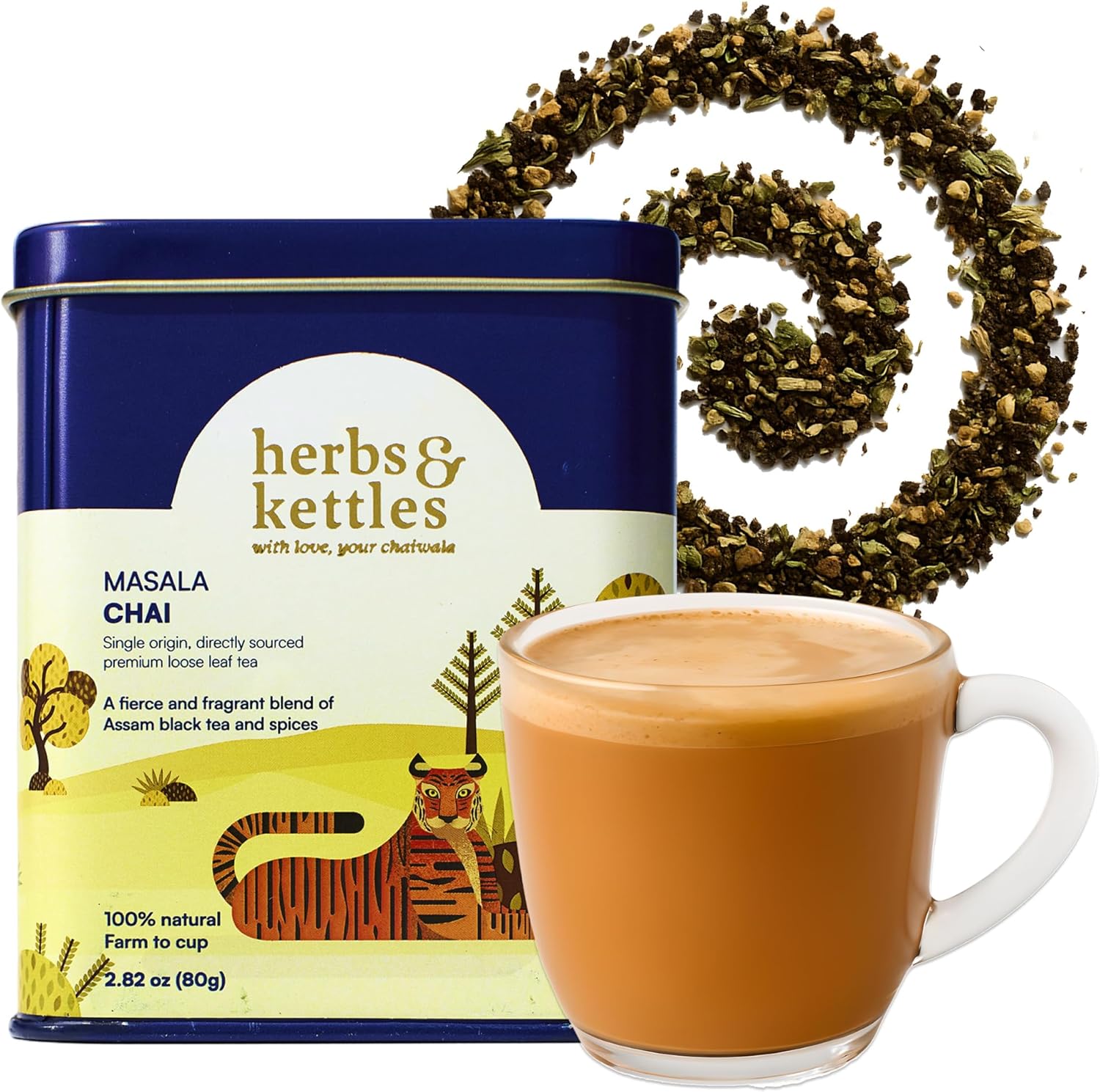 Herbs & Kettles Chai - Masala | Authentic Indian Chai Tea with Assam Black Tea, Ginger, Cardamom, Cinnamon, Cloves & Black Pepper | Loose Leaf | Makes 16-20 Servings | Premium Gourmet Tea Gift