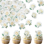 48 Pack Edible Rose Cupcake Toppers - Wafer Paper Roses for Wedding, Engagement, Bridal Shower & Birthday Party - White