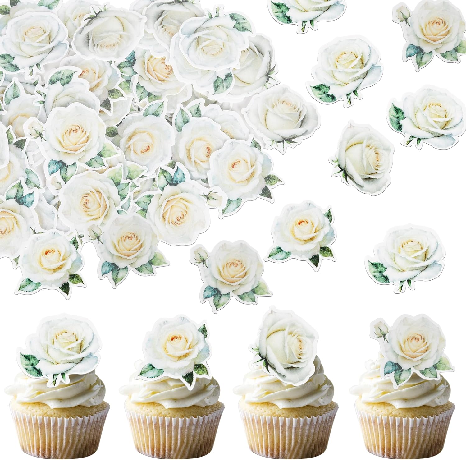 48 Pack Edible Rose Cupcake Toppers - Wafer Paper Roses for Wedding, Engagement, Bridal Shower & Birthday Party - White
