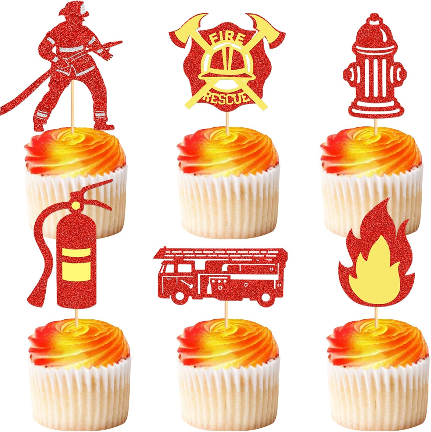 Ercadio 24 Pack Fireman Cupcake Toppers Red Glitter Fire Department Cake Topper Fireman Cupcake Picks for Fire Theme Baby Shower Birthday Party Cake Decoration Supplies
